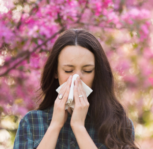 Woman blowing nose because of spring pollen allergy
